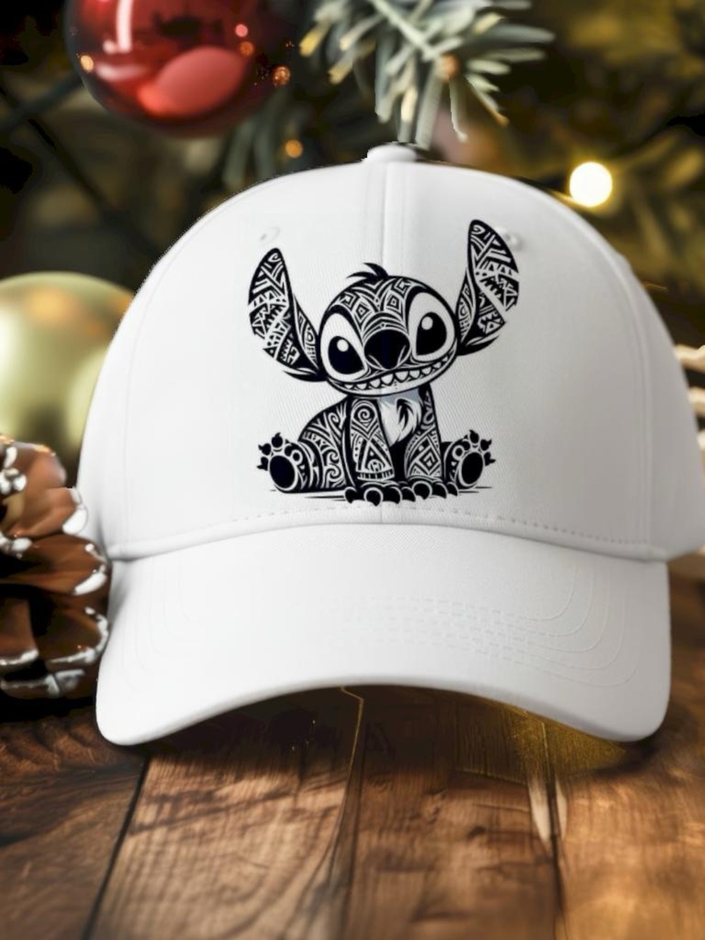 White Men’s Baseball Cap with Black Tribal Stitch Graphic